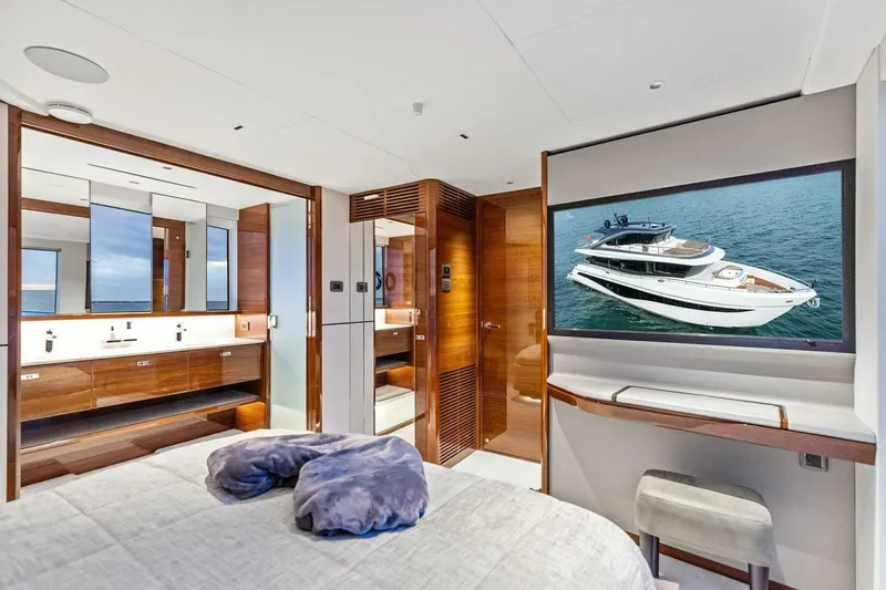 Amarula Sun Yacht Photos Pics Luxurious 2024 Princess X80 yacht interior with modern bedroom and bathroom design.