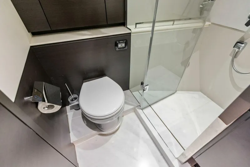 Amarula Sun Yacht Photos Pics Modern bathroom in 2024 Princess X80 yacht with shower and toilet.