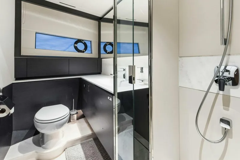 Amarula Sun Yacht Photos Pics Luxurious bathroom in 2024 Princess X80 yacht with modern fixtures and sleek design.