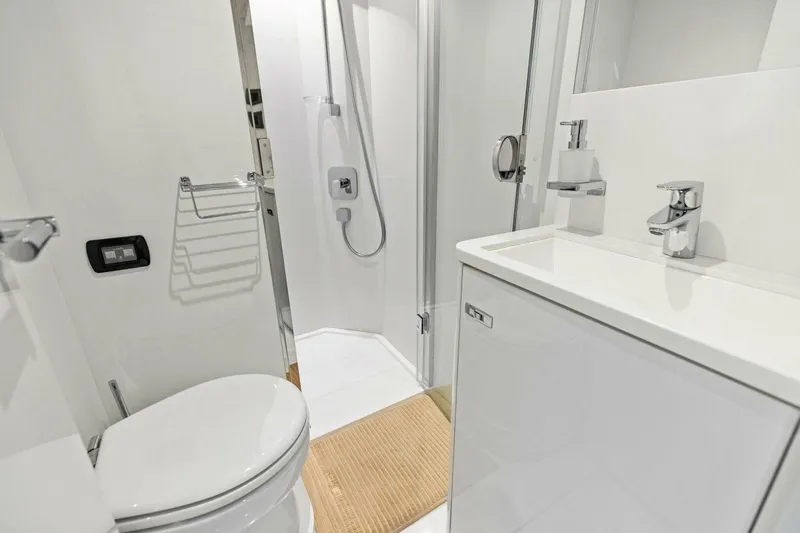Amarula Sun Yacht Photos Pics Modern bathroom in 2024 Princess X80 yacht, featuring sleek fixtures and compact design.