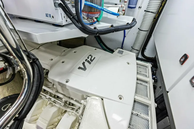 Amarula Sun Yacht Photos Pics Engine room of 2024 Princess X80 yacht featuring a V12 engine.