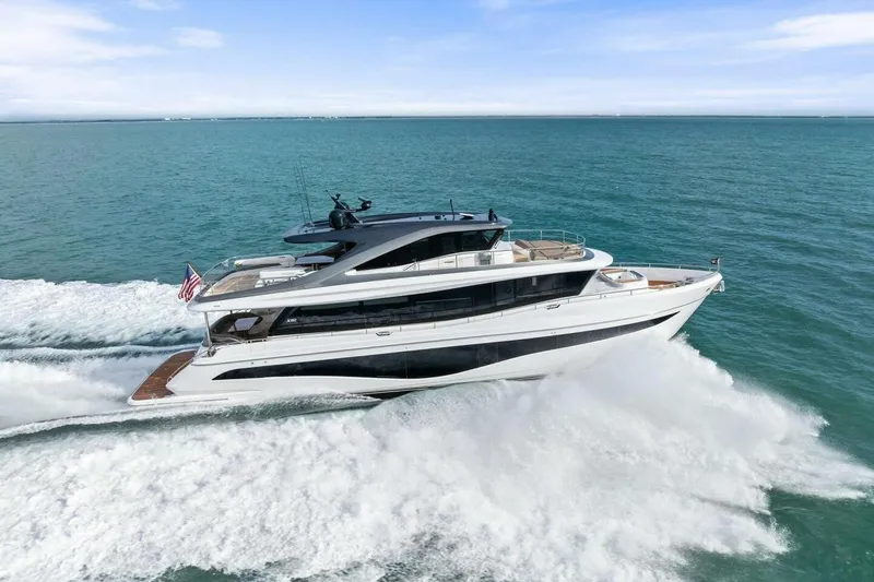 Amarula Sun Yacht Photos Pics 2024 Princess X80 yacht cruising on open sea, showcasing sleek design and luxury features.