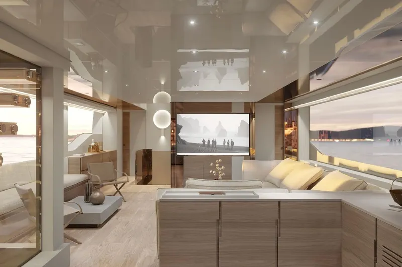 Yacht Photos Pics Luxurious interior of 2025 Sanlorenzo SL90A yacht with modern design and panoramic windows.