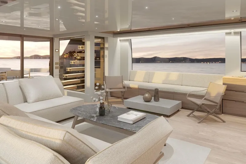  Yacht Photos Pics Luxurious interior of 2025 Sanlorenzo SL90A yacht with elegant seating and panoramic ocean views.