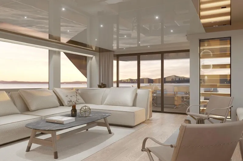  Yacht Photos Pics Luxurious interior of 2025 Sanlorenzo SL90A yacht with elegant seating and panoramic views.
