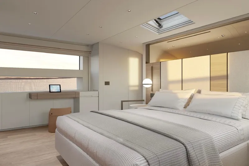  Yacht Photos Pics Luxurious bedroom interior on 2025 Sanlorenzo SL90A yacht, featuring modern design and elegant furnishings.