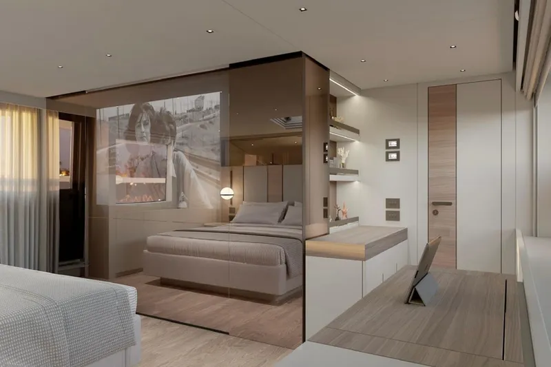  Yacht Photos Pics Luxurious Sanlorenzo SL90A 2025 yacht interior with modern bedroom and elegant decor.