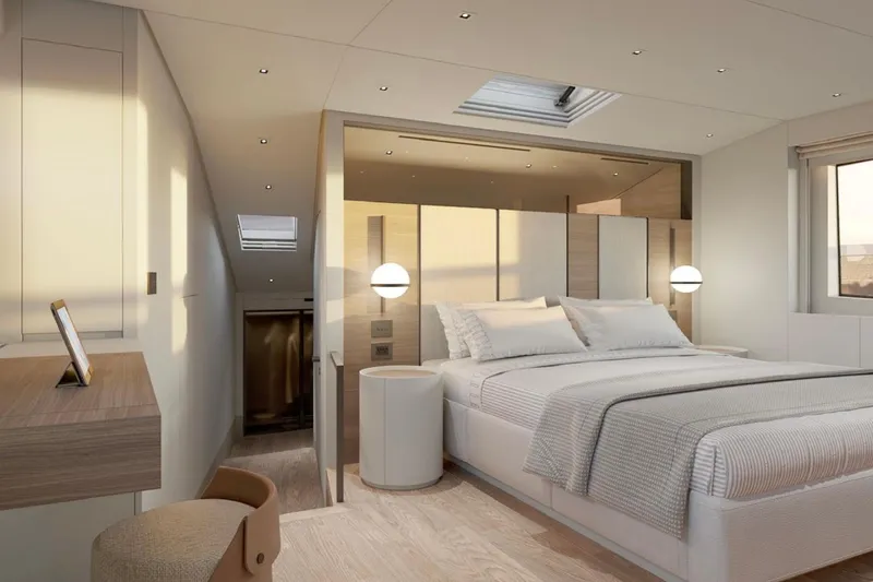  Yacht Photos Pics Luxurious bedroom interior of 2025 Sanlorenzo SL90A yacht, featuring modern design and elegant furnishings.