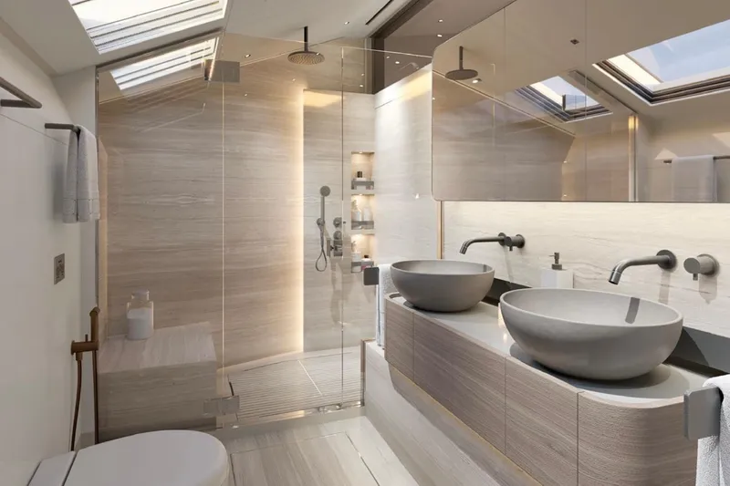  Yacht Photos Pics Luxurious bathroom in 2025 Sanlorenzo SL90A yacht with dual sinks and modern shower.