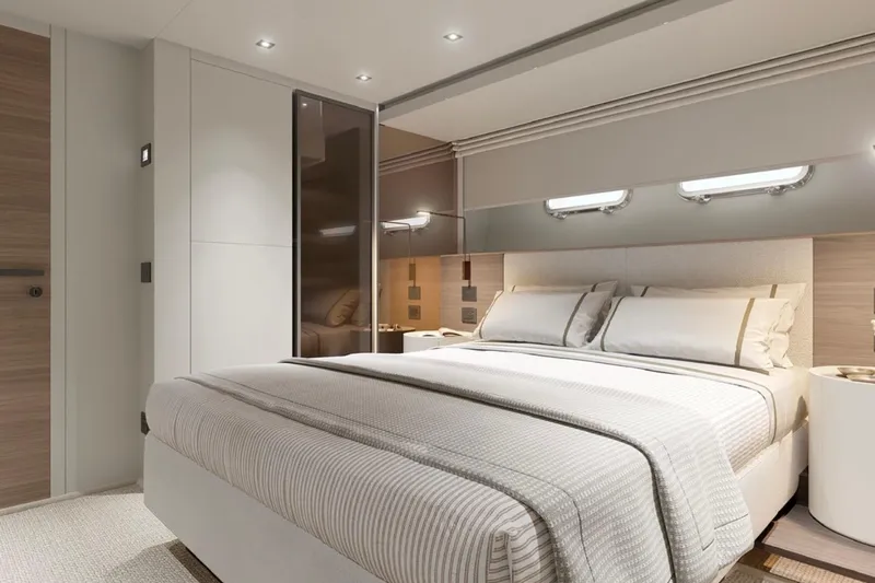  Yacht Photos Pics Luxurious bedroom interior of 2025 Sanlorenzo SL90A yacht, featuring modern design and elegant bedding.