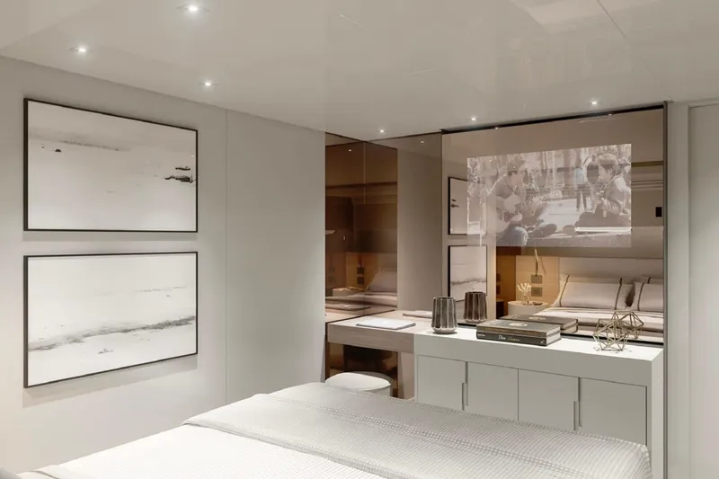  Yacht Photos Pics Luxurious interior of 2025 Sanlorenzo SL90A yacht with modern decor and ambient lighting.