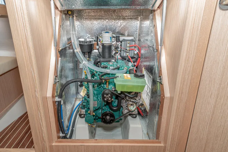 New Sailboat Yacht Photos Pics Engine compartment of a 2024 Bavaria Cruiser 34 sailboat.