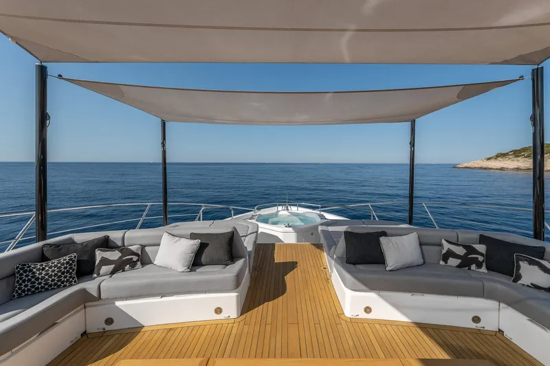 Noroader Yacht Photos Pics Luxurious Sunseeker 116 yacht deck with elegant seating, ocean view, and canopy, 2020 model.