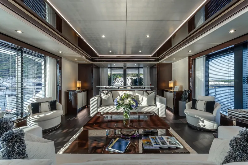 Noroader Yacht Photos Pics Luxurious interior of 2020 Sunseeker 116 yacht with elegant seating and decor.