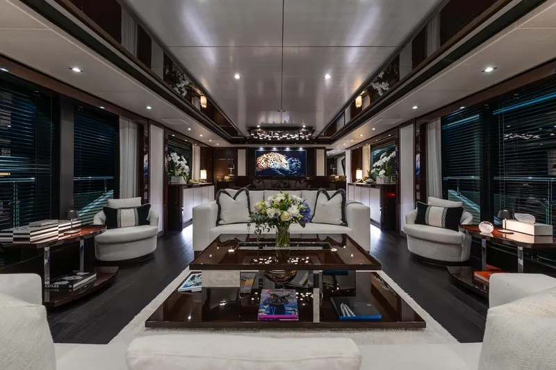 Noroader Yacht Photos Pics Luxurious interior of 2020 Sunseeker 116 yacht, featuring elegant seating and modern decor.
