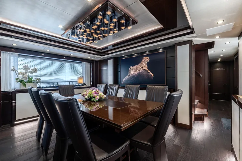Noroader Yacht Photos Pics Luxurious dining area on 2020 Sunseeker 116 yacht with elegant decor and modern furnishings.