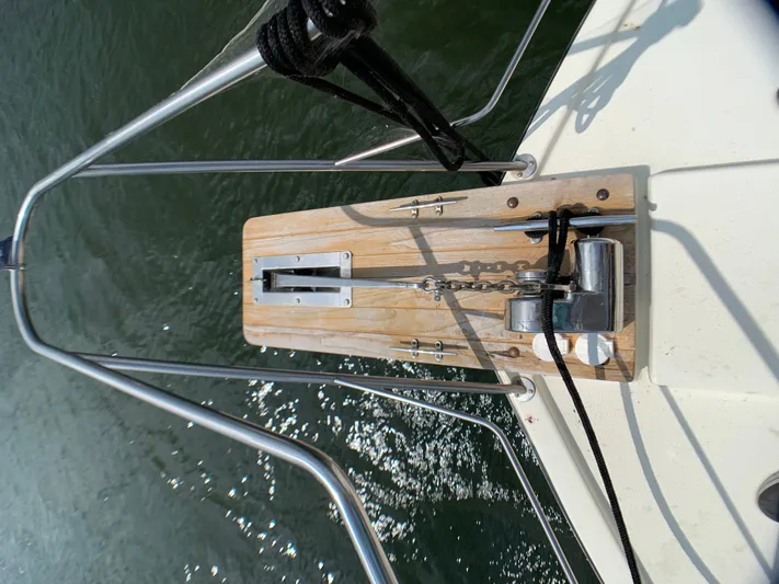 Paradise Falls Yacht Photos Pics Bow of a 1988 Harbor Master 520 Coastal boat with anchor windlass.