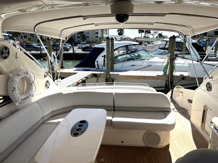 Blind Date Yacht Photos Pics Luxurious 2005 Viking Princess V50 yacht interior with marina view.