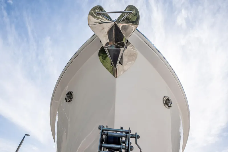  Yacht Photos Pics 2021 Everglades 335 Center Console boat, viewed from below against a blue sky.