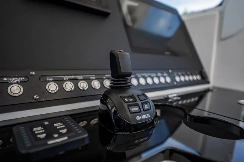  Yacht Photos Pics Control panel of 2021 Everglades 335 Center Console with Yamaha joystick.