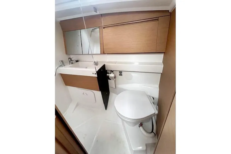 Dream Weaver Yacht Photos Pics 2022 Jeanneau Sun Odyssey 410 bathroom with modern fixtures and wooden cabinetry.