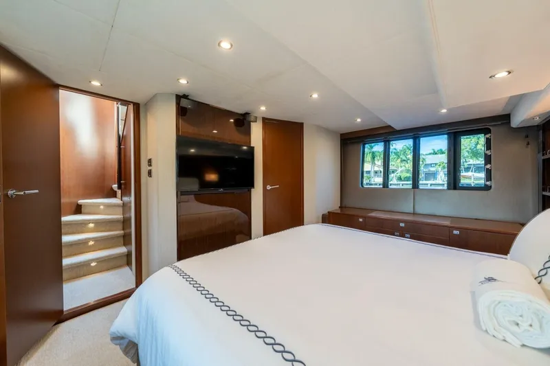 Aquavita Yacht Photos Pics Luxurious bedroom interior of 2012 Princess 64 Flybridge Motor Yacht with modern decor.