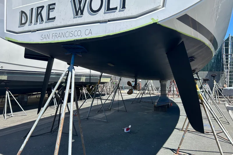 Dire Wolf Yacht Photos Pics Beneteau Oceanis 46.1 sailboat in dry dock, San Francisco, 2020 model.