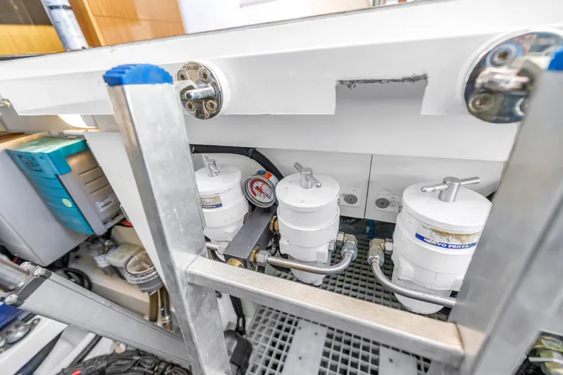  Yacht Photos Pics Engine compartment of 2020 Sealine C390 yacht with fuel filters and mechanical components.