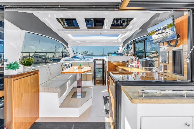  Yacht Photos Pics Luxurious interior of 2020 Sealine C390 yacht with modern amenities and elegant design.