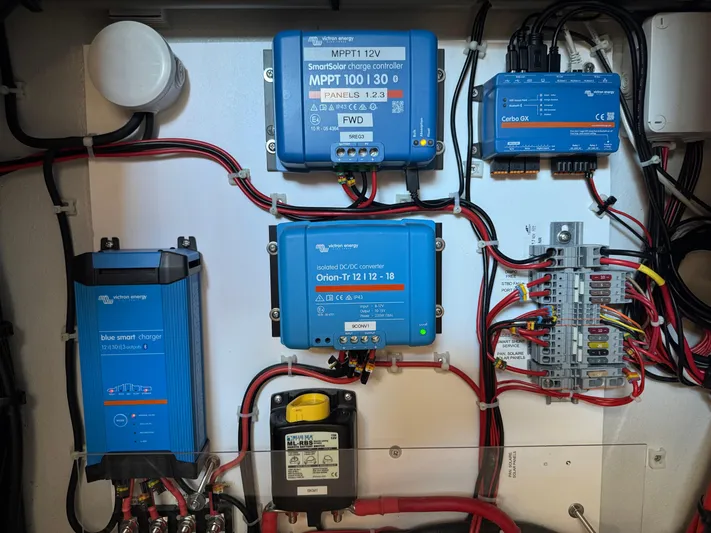 Encantado Yacht Photos Pics Electrical panel with Victron Energy components in a 2023 NEEL 47 model.