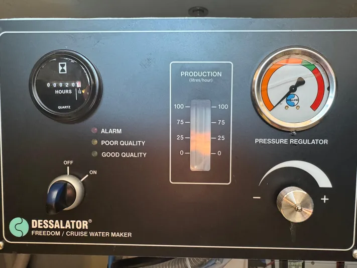 Encantado Yacht Photos Pics Dessalator water maker control panel with pressure regulator and production gauge, NEEL 47, 2023 model.