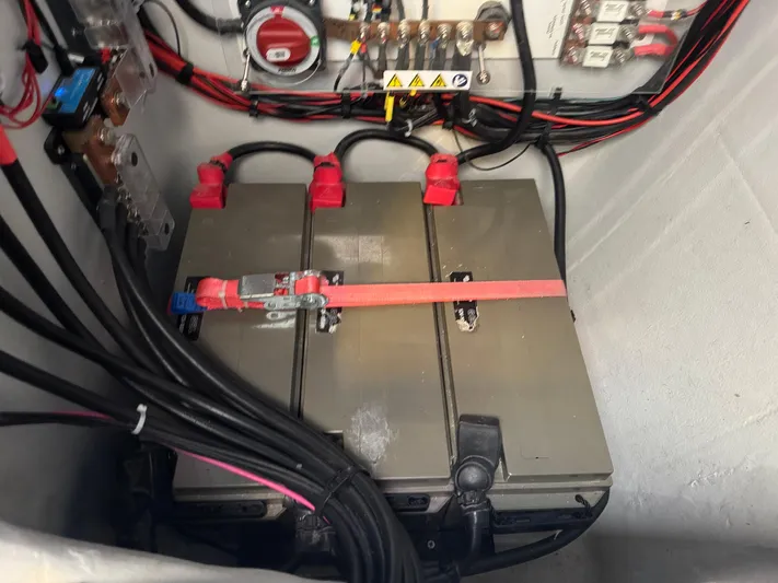 Encantado Yacht Photos Pics Battery compartment of NEEL 47, 2023 model, with secured wiring and connections.