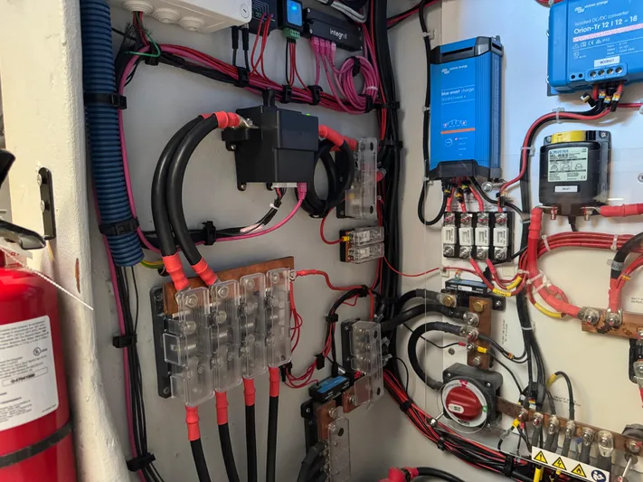 Encantado Yacht Photos Pics Electrical panel with wiring and components in a 2023 NEEL 47 model.