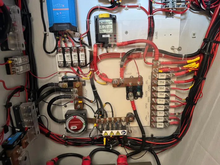 Encantado Yacht Photos Pics Electrical panel of NEEL 47, 2023 model, showcasing wiring and components.
