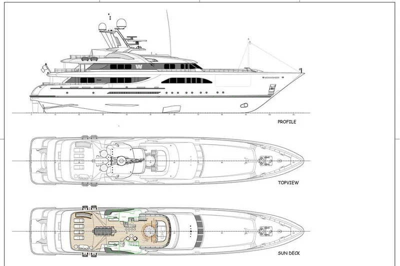 Superyacht W Yacht Photos Pics Blueprint of 2013 Feadship Motor Yacht, showing profile, top view, and sun deck layout.