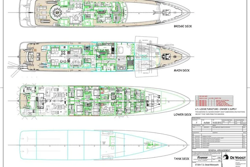 Superyacht W Yacht Photos Pics Blueprint of 2013 Feadship Motor Yacht showing bridge, main, lower, and tank decks.