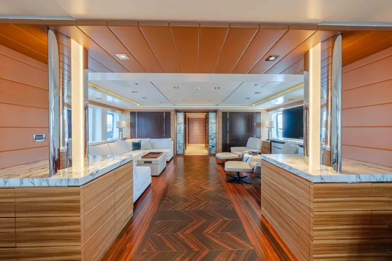 Superyacht W Yacht Photos Pics Luxurious interior of 2013 Feadship motor yacht with elegant wood and marble finishes.