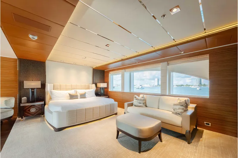 Superyacht W Yacht Photos Pics Luxurious 2013 Feadship motor yacht bedroom with elegant decor and ocean view.