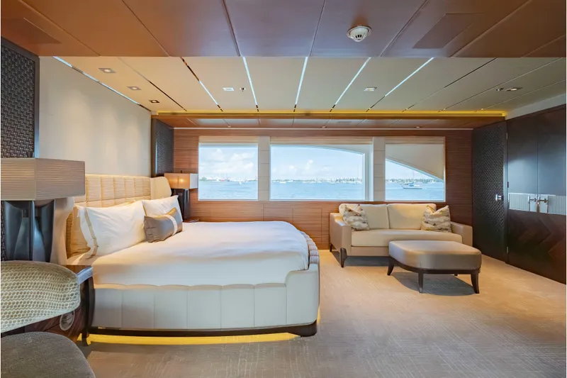 Superyacht W Yacht Photos Pics Luxurious bedroom interior of 2013 Feadship motor yacht with ocean view.