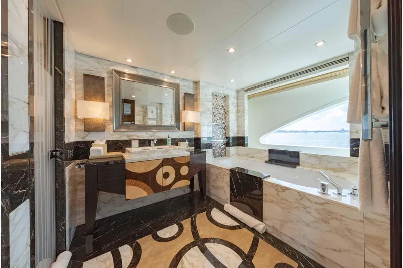 Superyacht W Yacht Photos Pics Luxurious marble bathroom on 2013 Feadship motor yacht with ocean view.