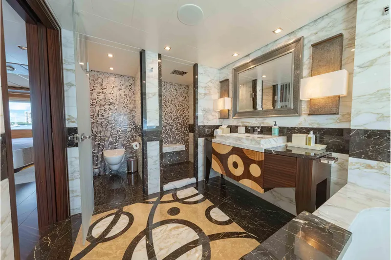 Superyacht W Yacht Photos Pics Luxurious bathroom on 2013 Feadship motor yacht with elegant marble and mosaic design.