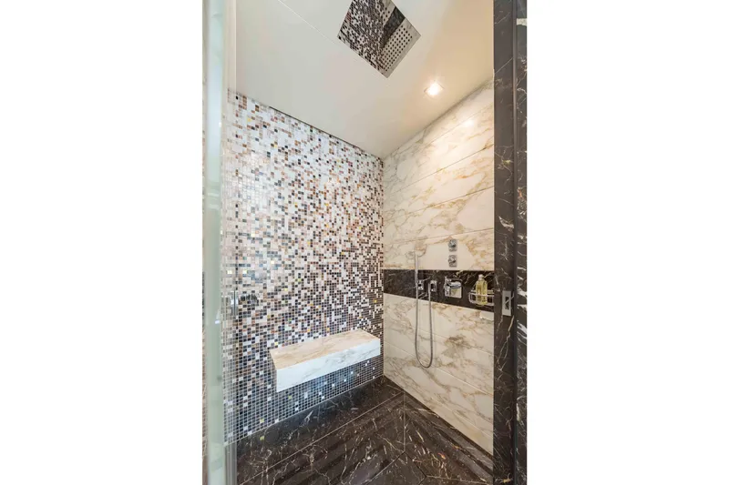 Superyacht W Yacht Photos Pics Luxurious Feadship motor yacht shower with mosaic tiles and marble accents, 2013 model.
