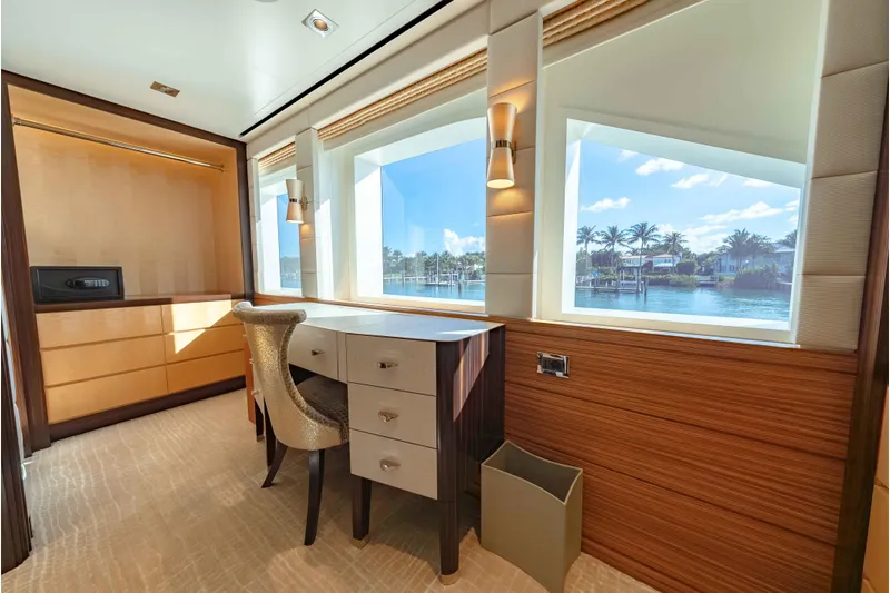 Superyacht W Yacht Photos Pics Luxurious interior of 2013 Feadship motor yacht with elegant desk and scenic window view.