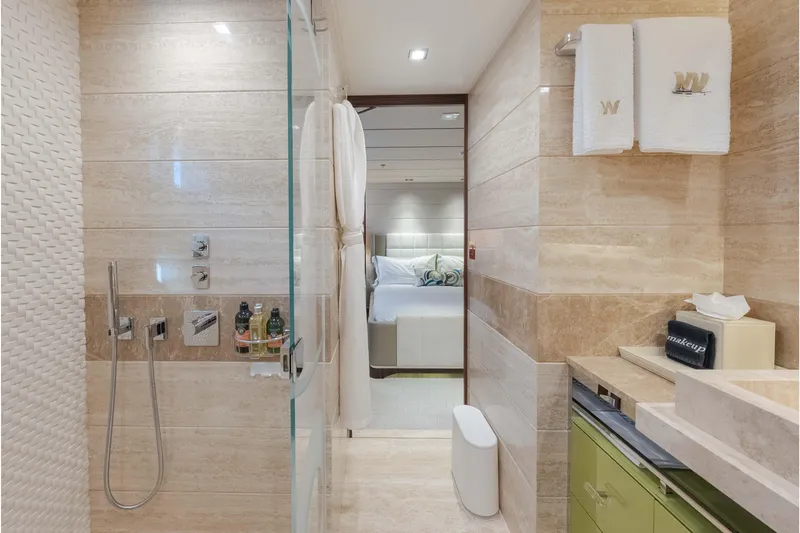 Superyacht W Yacht Photos Pics Luxurious bathroom interior on 2013 Feadship motor yacht, featuring modern shower and elegant design.