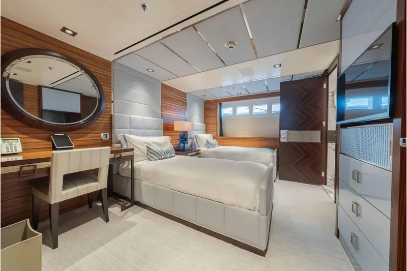 Superyacht W Yacht Photos Pics Luxurious 2013 Feadship motor yacht bedroom with twin beds and elegant wood paneling.