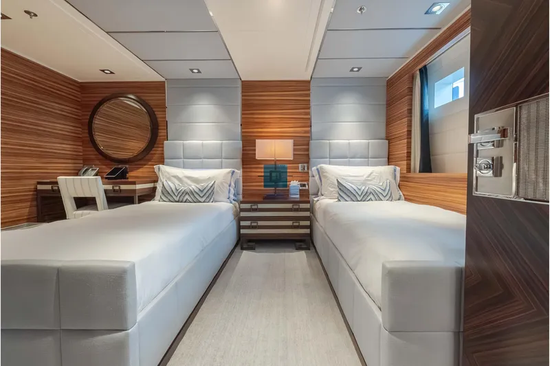 Superyacht W Yacht Photos Pics Luxurious twin bedroom on 2013 Feadship motor yacht with modern decor and elegant furnishings.