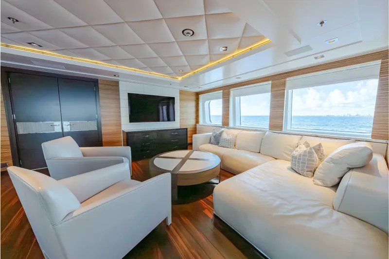 Superyacht W Yacht Photos Pics Luxurious interior of 2013 Feadship motor yacht with elegant seating and ocean view.