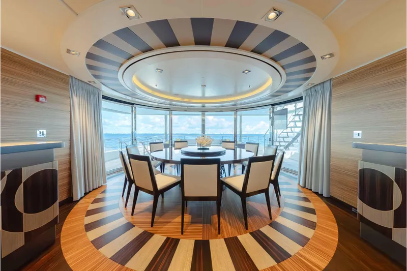 Superyacht W Yacht Photos Pics Luxurious dining area on 2013 Feadship motor yacht with panoramic ocean views.