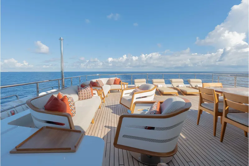 Superyacht W Yacht Photos Pics Luxurious 2013 Feadship motor yacht deck with elegant seating and ocean view.