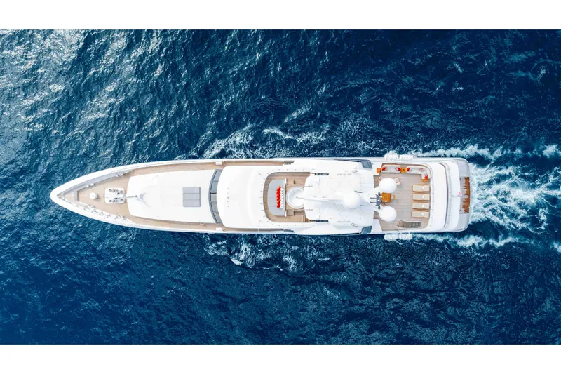 Superyacht W Yacht Photos Pics Aerial view of 2013 Feadship motor yacht cruising on open sea.